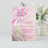Invitation Croix de rose rose pour première communion (Debout devant)