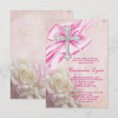 Invitation Croix de rose rose pour première communion (Devant / Derrière)