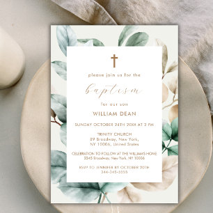 Invitation Croix de verdure boho moderne Baptême
