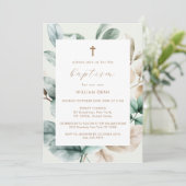Invitation Croix de verdure boho moderne Baptême (Debout devant)