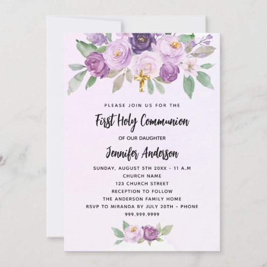 Invitation Croix de verdure des fleurs violettes de la premiè (Devant)
