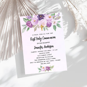 Invitation Croix de verdure des fleurs violettes de la premiè