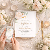 Invitation Croix de verdure d'eucalyptus floral blanc pour ba