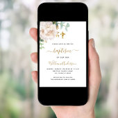 Invitation Croix de verdure d'eucalyptus floral blanc pour ba