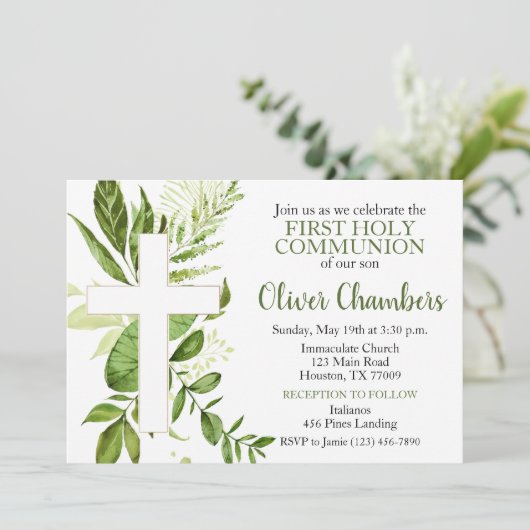 Invitation Croix de verdure rustique Garçon Première communio (Debout devant)