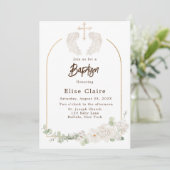 Invitation Croix d'or Ailes Baptême floral (Debout devant)