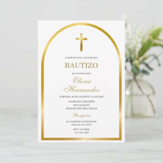 Invitation Croix d'or Baptême espagnol (Debout devant)