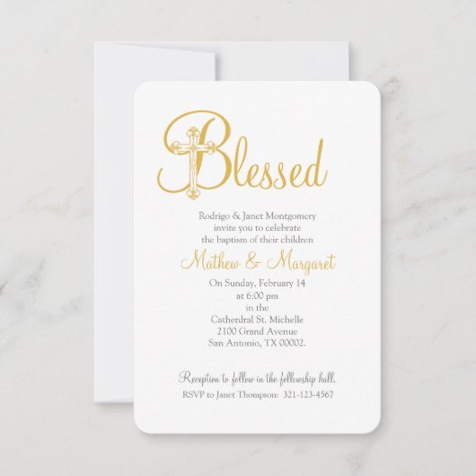 Invitation croix d'or BAPTISM ou CHRISTENING jumeaux (Devant)