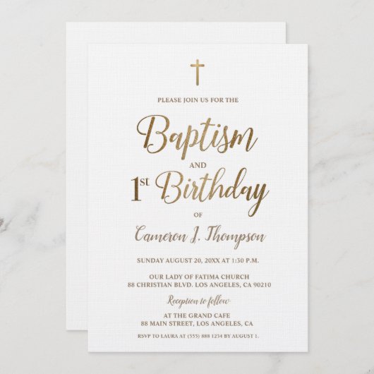 Invitation Croix d'or blanc Baptême 1er anniversaire Invitati (Devant / Derrière)