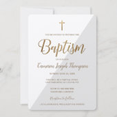 Invitation Croix d'or blanc gris simple Baptême virtuel (Devant)