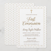 Invitation Croix d'or blanc pur Première communion moderne (Devant / Derrière)