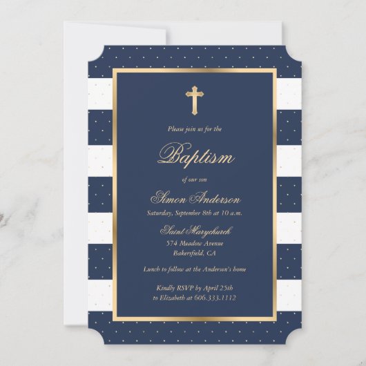 Invitation Croix d'or bleu cadre élégant garçon Baptême (Devant)