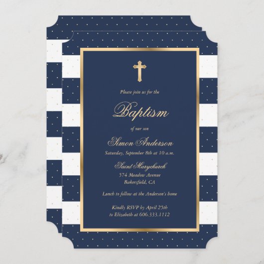 Invitation Croix d'or bleu cadre élégant garçon Baptême (Devant / Derrière)