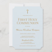 Invitation Croix d'or bleu doux Garçon Première communion sai (Devant)