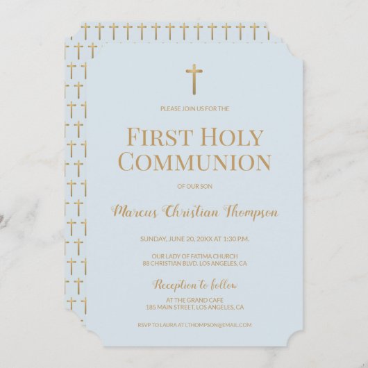 Invitation Croix d'or bleu doux Garçon Première communion sai (Devant / Derrière)