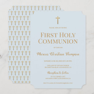Invitation Croix d'or bleu doux Garçon Première communion sai