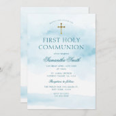 Invitation Croix d'or bleu Dusty Première communion sainte (Devant / Derrière)