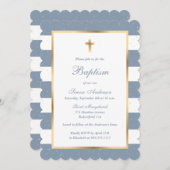 Invitation Croix d'or bleu Dusty Stars Baptême rayé (Devant / Derrière)