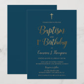 Invitation Croix d'or bleu foncé Baptême 1er anniversaire (Devant / Derrière)