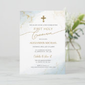 Invitation Croix d'or bleu garçon Première communion sainte (Debout devant)