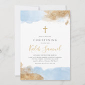 Invitation Croix d'or bleu garçons Baptême Christening (Devant)