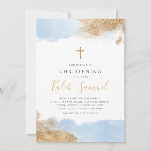 Invitation Croix d'or bleu garçons Baptême Christening (Devant)