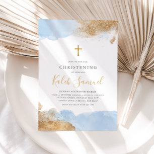 Invitation Croix d'or bleu garçons Baptême Christening