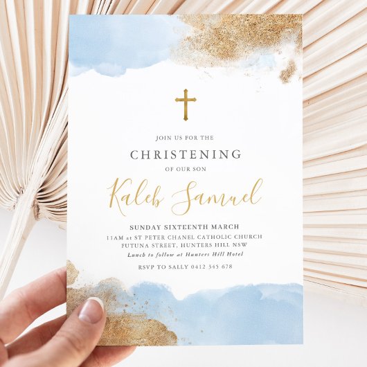 Invitation Croix d'or bleu garçons Baptême Christening
