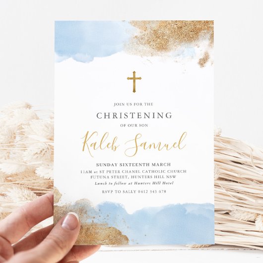 Invitation Croix d'or bleu garçons Baptême Christening
