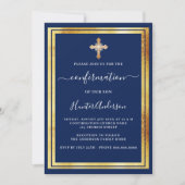 Invitation Croix d'or bleu marine de confirmation (Devant)