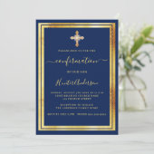 Invitation Croix d'or bleu marine de confirmation (Debout devant)
