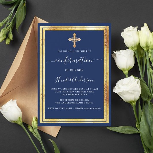 Invitation Croix d'or bleu marine de confirmation