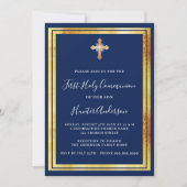 Invitation Croix d'or bleu marine de la première communion (Devant)