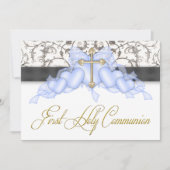 Invitation Croix d'or bleu noir garçons Blue First Communion (Devant)