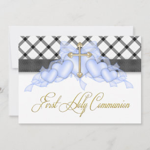 Invitation Croix d'or bleu noir garçons Blue First Communion