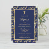 Invitation Croix d'or bleu Script Baptême floral (Debout devant)