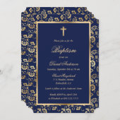 Invitation Croix d'or bleu Script Baptême floral (Devant / Derrière)