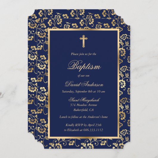 Invitation Croix d'or bleu Script Baptême floral (Devant / Derrière)