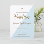 Invitation Croix d'or bleu simple Baptême virtuel (Debout devant)