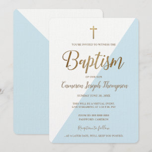 Invitation Croix d'or bleu simple Baptême virtuel