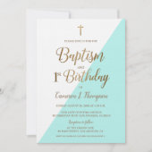 Invitation Croix d'or bleu turquoise Baptême 1er anniversaire (Devant)