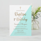 Invitation Croix d'or bleu turquoise Baptême 1er anniversaire (Debout devant)