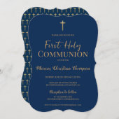 Invitation Croix d'or Bleue Garçon Élégant Première communion (Devant / Derrière)