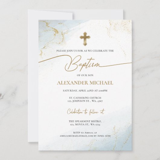 Invitation Croix d'or Christian Blue moderne Baptême garçon (Devant)