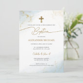 Invitation Croix d'or Christian Blue moderne Baptême garçon (Debout devant)