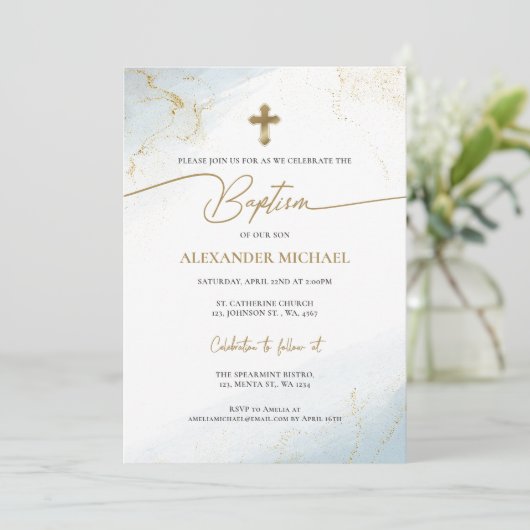 Invitation Croix d'or Christian Blue moderne Baptême garçon (Debout devant)