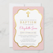 Invitation CROIX D'OR CUTE jolie baptême fancy polkadot rose (Devant)