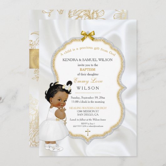 Invitation Croix d'or de baptême de bébé d'Afro-américain (Devant / Derrière)