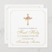 Invitation Croix d'or de la première communion des roses rose (Devant / Derrière)