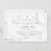 Invitation Croix d'or de Marble Faux Baptême 1er anniversaire (Devant)